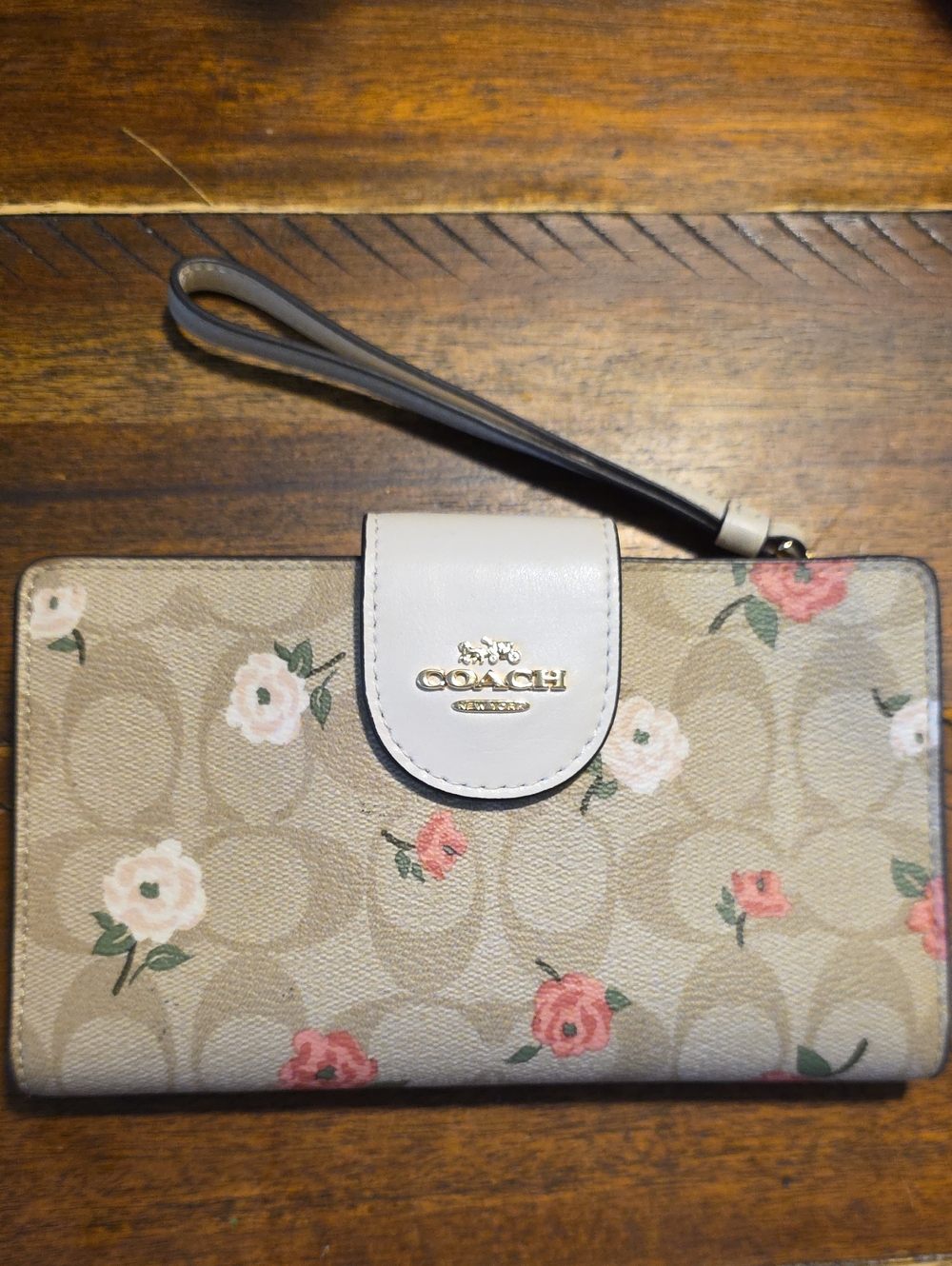 Coach Beige Floral Signature Wristlet Card Holder Wallet with Pink Accents